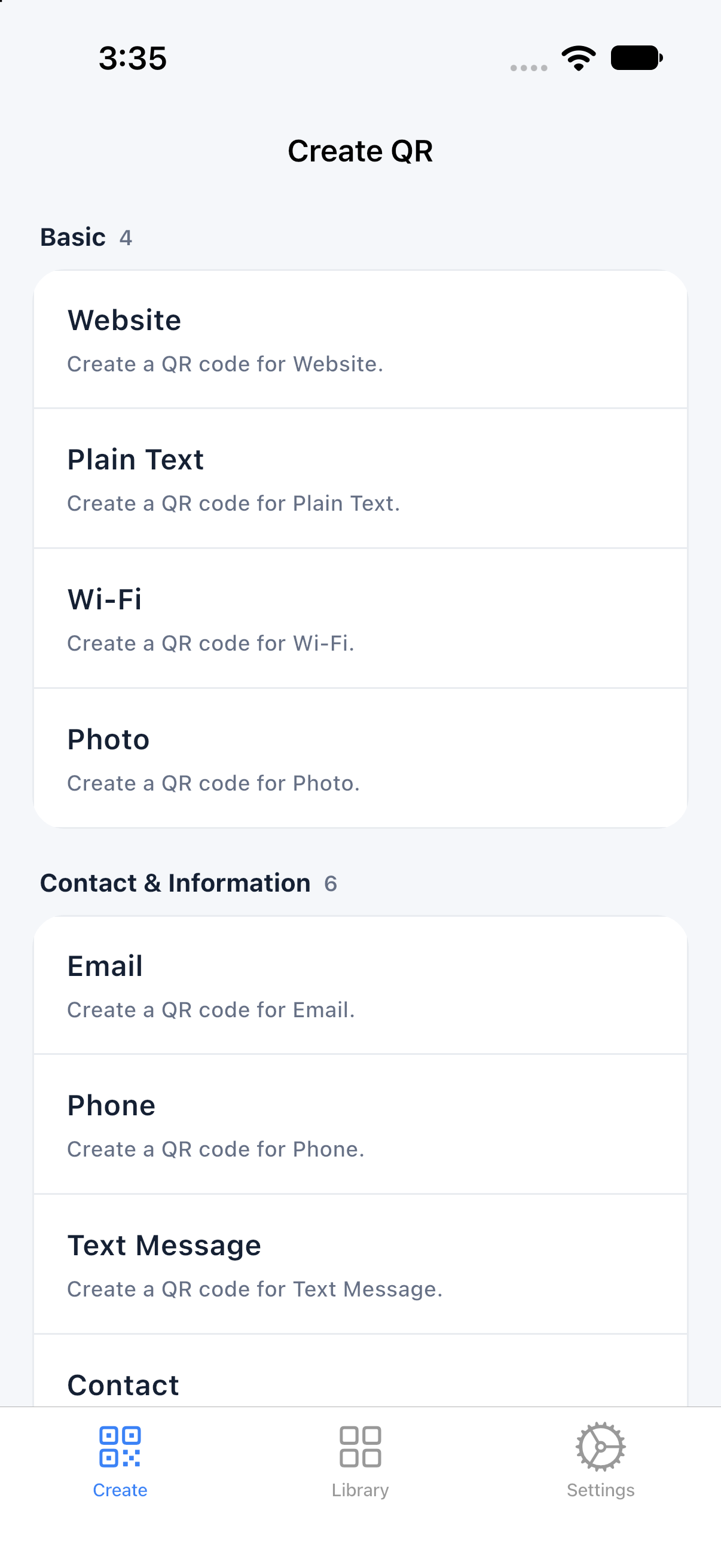 QRumi QR format selection screen